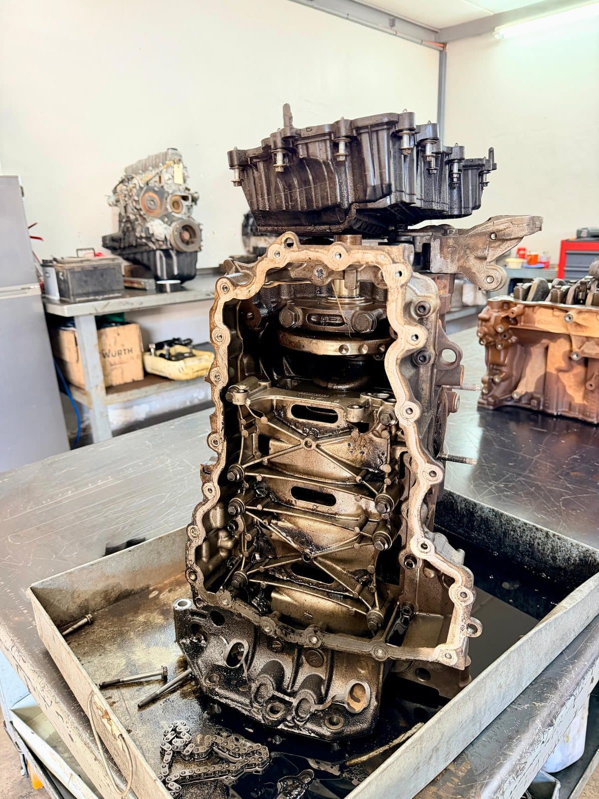 An engine block stripped down on the bench at The Engine Shop / Vision Motors, Pretoria