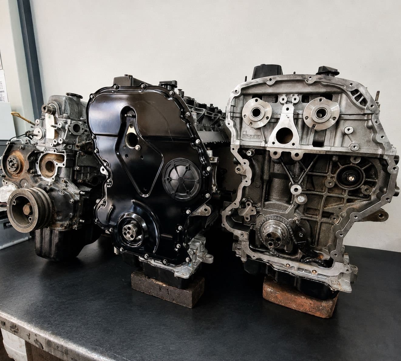 Two reconditioned engines on the bench at The Engine Shop / Vision Motors, Pretoria